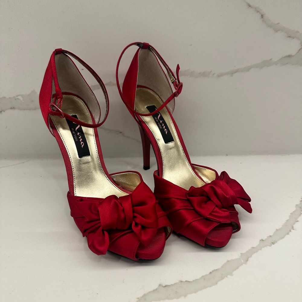 Nina Red Satin Peep-Toe Heels